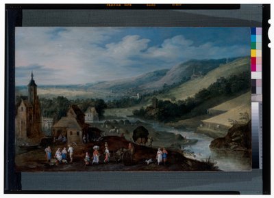 Uma extensa paisagem fluvial com camponeses a recolher as colheitas de J. & Momper J. de (1564 1635) Brueghel