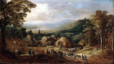 Paisagem de Outono com Camponeses de J. and Momper J. de Brueghel