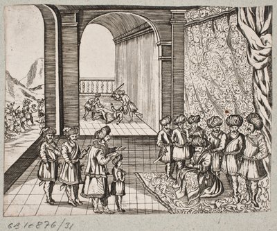 Ilustração de Adam Olearius, “Persian Rosenthal por um engenhoso poeta Schich Saadi […]”, Schleswig 1660 de J. Muller