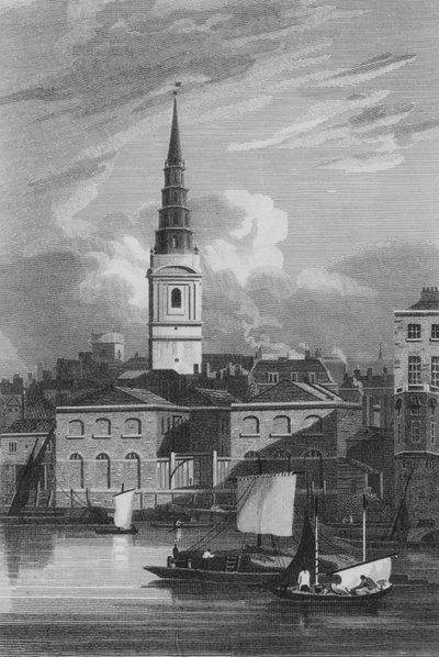 Vista da Igreja de Santa Noiva, tirada do Rio Tamisa (gravura) de John Preston Neale