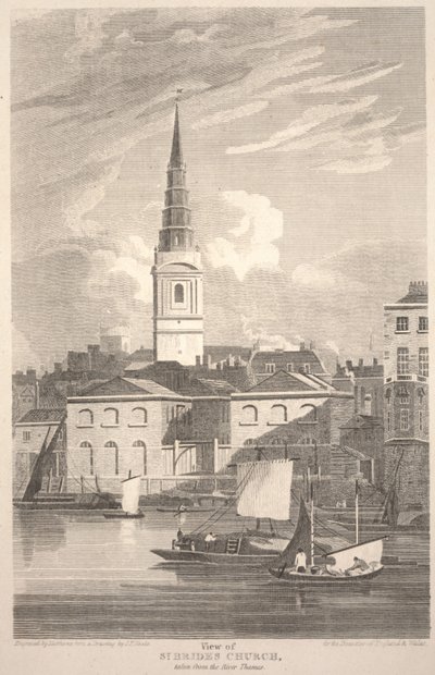 Vista da Igreja de St. Brides, tirada do Rio Tamisa, gravada por Matthews de John Preston Neale