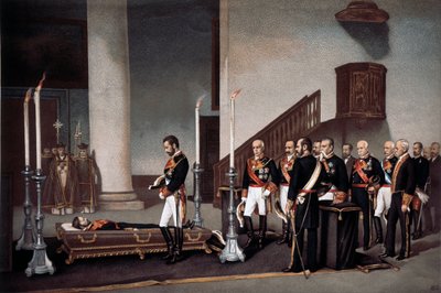 O Rei Amedeo I em frente ao caixão do General Prim, gravada por J. Palacios de J. Palacios