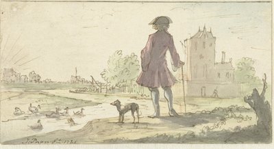 Homem com cachorro perto da água de J. Paon (signed by artist)