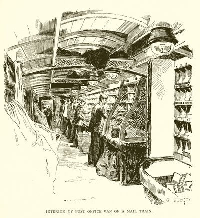 Interior da van de correios em um trem de correio de J. R. Sinclair