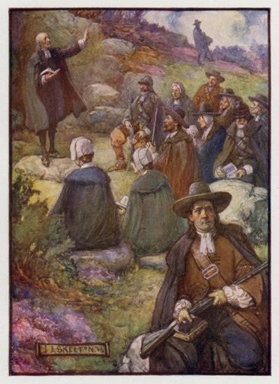 Sentinelas armadas vigiando durante uma reunião de covenanters escoceses, do século XVII de J. R. Skelton