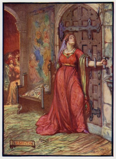 Catherine Douglas, uma das damas de companhia de Joana Beaufort, rainha do rei Jaime I da Escócia, usando o braço para barrar a porta aos assassinos que tentavam matar o rei de J. R. Skelton