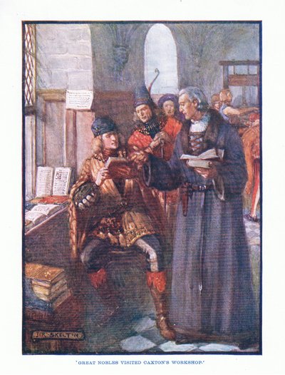 Grandes nobres visitaram a oficina de Caxtons, da publicação inglesa Literature pub.by TC & EC Jack, c.1920 de J. R. Skelton
