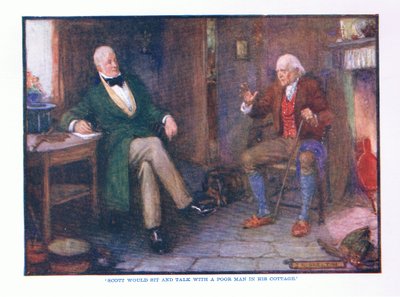 Scott sentava e conversava com um homem pobre em sua cabana, do pub English Literature by TC & EC Jack, c.1920 de J. R. Skelton