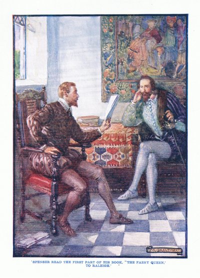 Spenser leu a primeira parte de seu livro A Rainha das Fadas para Raleigh, publicado no English Literature Pub. Por TC & EC Jack, c.1920 de J. R. Skelton