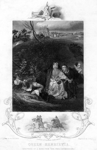 Rainha Henrietta, protegida por um banco dos parlamentares, século c19. de J. Rogers