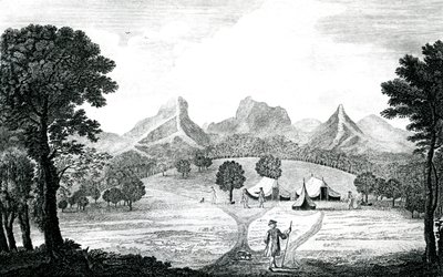 Uma vista da tenda Commodore na ilha de Juan Fernandes, c.1745 (gravura) de J. S. Mason