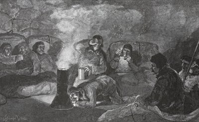 Interior de nossa cabana de inverno em Camp Clay, durante o cozimento, 1883 pub. Londres 1886 de J. Steeple Davis