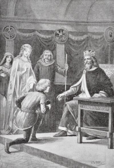 Gareth veio pedir o seu segundo favor, para ser um dos cavaleiros do rei e poder ajudar a senhora (litografia) de J. Williamson