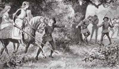 Gareth correu para os ladrões e atacou-os com tanta ousadia que eles fugiram (litografia) de J. Williamson
