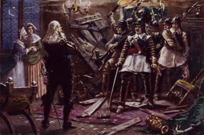 Os soldados parlamentares de Oliver Cromwell invadem a casa de um apoiante do Rei Carlos I (cor litho) de J. Williamson
