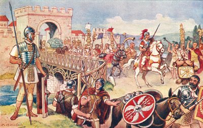O Império Romano - uma coluna de soldados a avançar sobre uma ponte. de J. Williamson