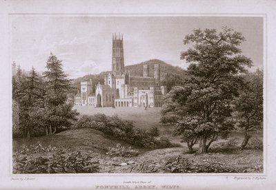 Vista sudoeste da Abadia de Fonthill, gravada por T. Higham, 1823 de J. after Rutter
