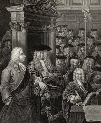 A Câmara dos Comuns na Administração de Sir Robert Walpole, gravada por R. Page, de "The Works of William Hogarth", publicada em 1833 (ver 132107) de J. and Hogarth, W. Thornhill