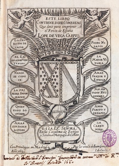 Página com meio título de coleção de doze comédias de Felix Lope por Vega Carpio (1562-1635) de J. de (after) Courbes