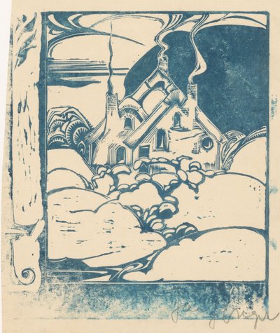 Casa com chaminés de fumar em uma paisagem montanhosa de Jac Jongert (signed by artist)