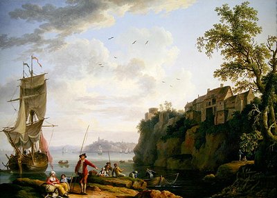 Pescadores por um navio atracado com uma Aldeia de Jacob Philippe Hackert