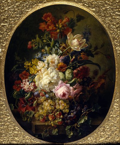 Flores e frutos. Pintura de Moise Jacobber (1786-1863) Ec. Hol. de Jacob Ber