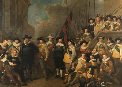 Oficiais e outros Guardas Cívicos do V Distrito em Amesterdão sob o comando do Capitão Cornelis de Graeff e do Tenente Hendrick Lauwrensz de Jacob Adriaensz. Backer