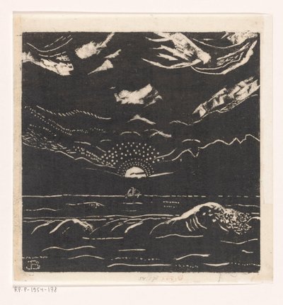 Seascape com veleiro e pôr do sol de Jacob Bendien