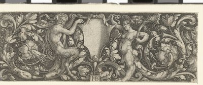 Friso com um escudo carregado por um sátiro masculino e feminino de Jacob Binck (signed by artist)