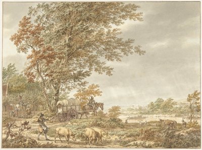 Paisagem montanhosa com suínos e outros funcionários, um rio ao longe de Jacob  Cats