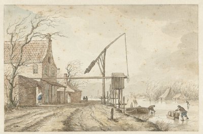 Paisagem de Inverno com casas e alavanca ao longo do canal congelado de Jacob  Cats
