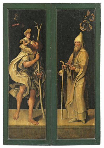 São Cristóvão carregando o menino Jesus e o Abade de Santo Antônio, faces exteriores de um retábulo de Jacob Claesz. von Utrecht