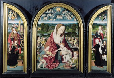 Virgem e Criança com Anjos Produtores de Música e a família Sampsons-Coolen, Triptych, 1500-1525 de Jacob Cornelisz van Oostsanen