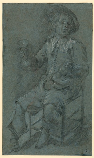 Desenho, Cavaleiro sentado com copo de vinho, 1650-60 de Jacob Duck