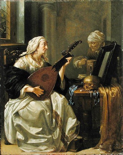 Mulher com Theorbo, Vanitas, c.1660 (óleo sobre painel) de Jacob Duck