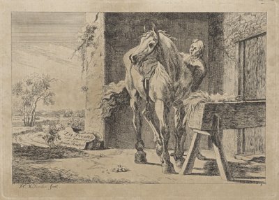 Figura com um cavalo em uma manjedoura Seis gravuras após desenhos de vários mestres (título da série no objeto) de Jacob Elias van Varelen