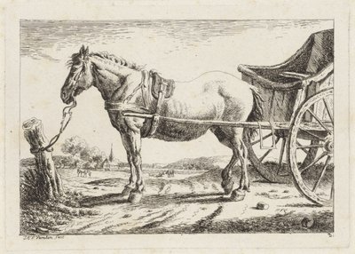 Cavalo em pé, engatado na frente de uma carruagem Seis gravuras após desenhos de vários mestres (título da série) de Jacob Elias van Varelen