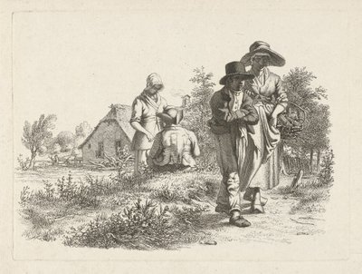 Mulher cega e figuras conversando em uma fazenda Impressões de estudo / Etudes gravées (título da série) de Jacob Ernst Marcus