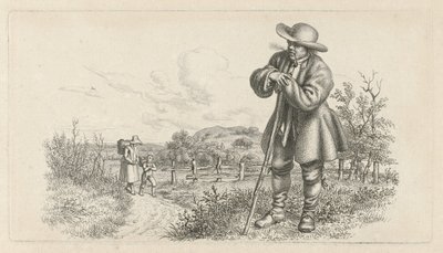 Homem encostado em uma vara e uma mulher com uma criança em uma estrada rural Impressões de estudo / Etudes gravées (título da série) de Jacob Ernst Marcus