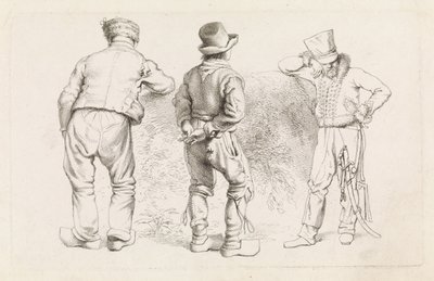 Folha de estudo com três figuras em pé Etudes gravées (título da série) de Jacob Ernst Marcus
