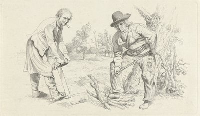 Folha de estudo com um coletor de madeira e um homem com uma serra Impressões de estudo / Etudes gravées (título da série) de Jacob Ernst Marcus