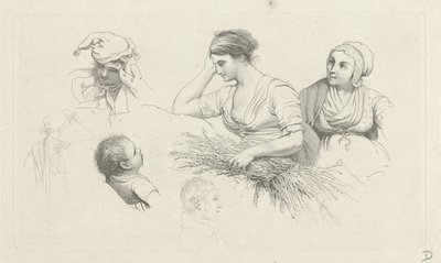 Folha de estudo com uma mulher com um pacote de galhos e figuras Impressões de estudo / Etudes gravées (título da série) de Jacob Ernst Marcus