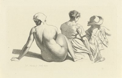 Folha de estudo com um nu sentado e duas figuras Impressões de estudo / Etudes gravées (título da série) de Jacob Ernst Marcus