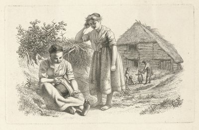 Duas mulheres e um homem com crianças na frente de um celeiro Impressões de estudo / Etudes gravées (título da série) de Jacob Ernst Marcus