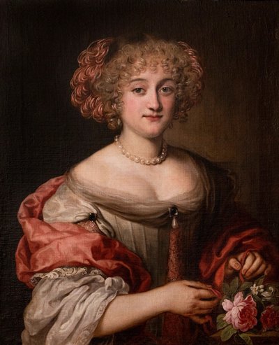 Retrato de uma senhora da família Colonna, a meio comprimento, com um vestido cinzento-pomba e uma capa de seda cor-de-rosa de Jacob Ferdinand Voet