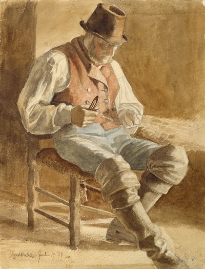 Pescador consertando uma rede, 1834 (lápis e wc no papel) de Jacob Gensler