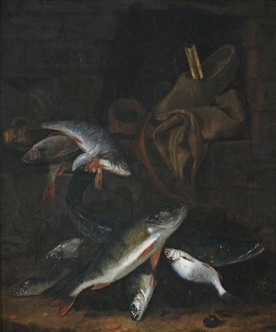 Natureza morta de peixe com lúcio e dourada numa parede de Jacob Gillig