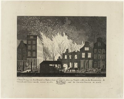 Incêndio na cervejaria De Twee Leeuwen em Rotterdam, 1782 Foto de den Brand em Rotterdam em 19 de março de 1782 no Brouwery de Twee Leeuwen do lado oeste de Leuvehaven (título no objeto) de Jacob Groenendijk