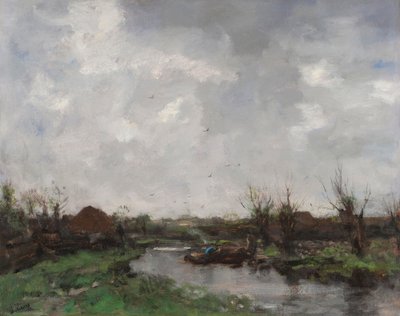 Uma paisagem do rio com casas de fazenda, final da década de 1870 de Jacob Henricus or Hendricus Maris