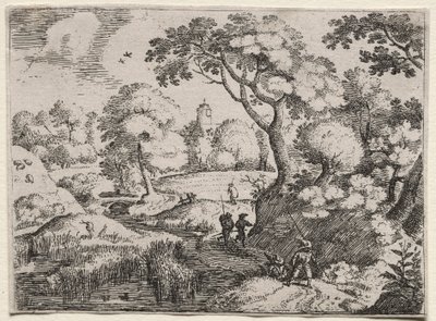Seis paisagens: caminho entre o pântano e o banco arborizado, c. 1595 de Jacob I Savery